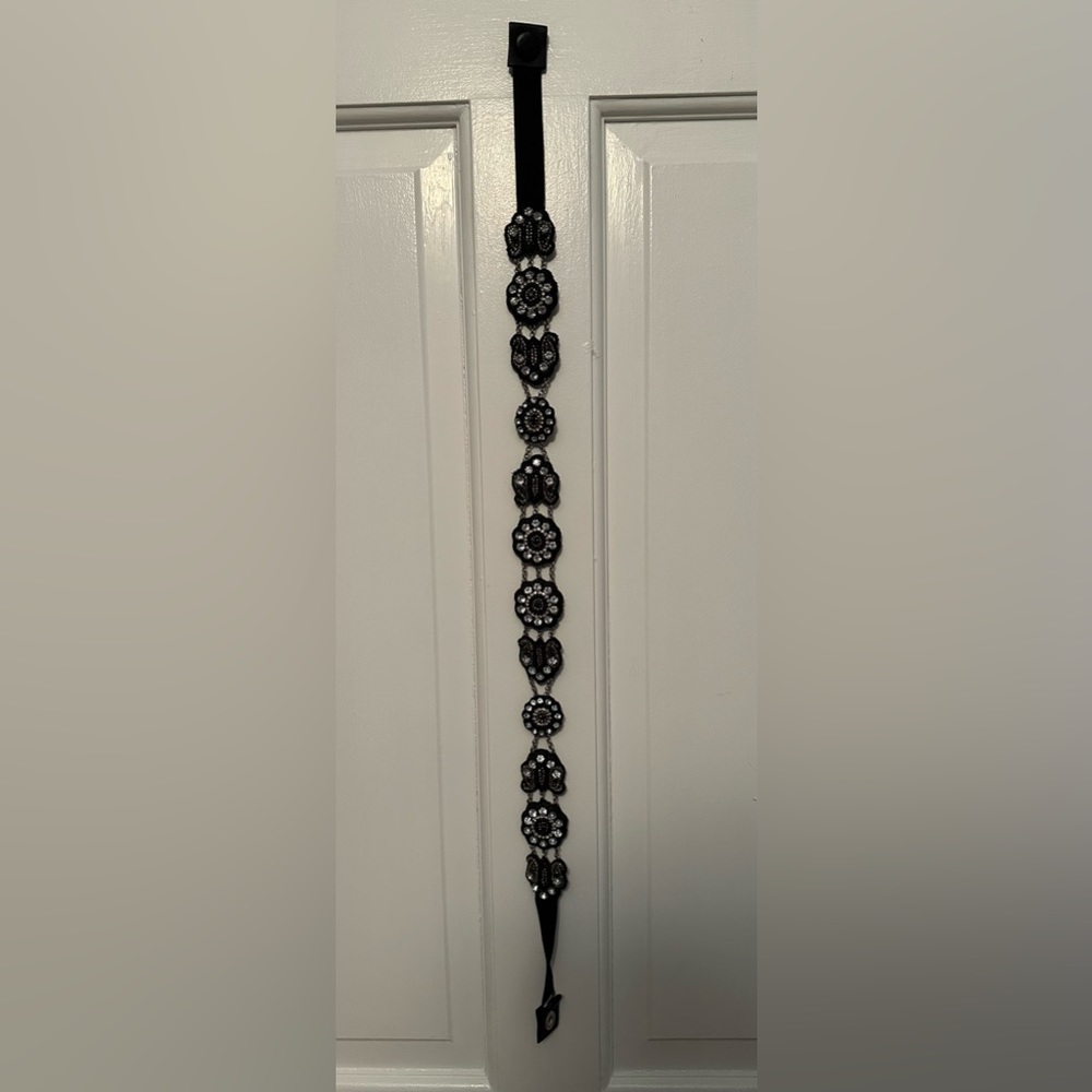 Anthropologie Crystal and Silver Black Elastic Belt